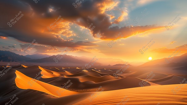 A stunning desert landscape featuring golden sand dunes at sunset. The sky is painted with warm shades of orange and gold, with clouds adding a dramatic touch to the scene. In the background, faint blue mountains stand under the low sunlight.