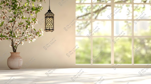 A large ceramic vase containing a flowering tree adorned with white blossoms and green leaves, placed on a white floor in front of a large window allowing daylight to stream through. Next to the tree, a hanging Oriental lantern with intricate design emits a warm light, adding a serene atmosphere to the space.