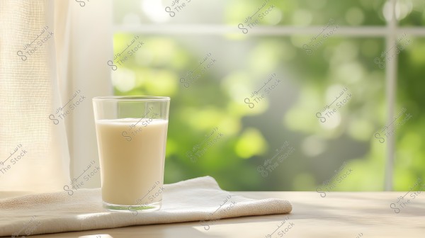 A glass of milk sits on a white cloth on a wooden table near a window. Behind it is a sheer curtain, and natural light creates a calm and refreshing atmosphere. The background is blurred, showing green nature outside.