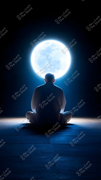 An image of a man sitting cross-legged on the ground, facing a large and bright full moon in the dark sky. The man is dressed in simple white clothing, with his body silhouetted by the radiant glow of the moon. The overall atmosphere suggests meditation and tranquility.