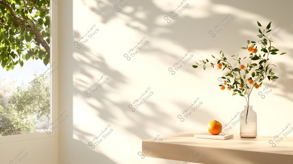 The image depicts a beautifully lit room with sunlight streaming in from an open window. Outside the window, a tree with green leaves is visible. On a simple wooden table, there is a glass vase containing branches with green leaves and small orange flowers. Next to the vase, there is an orange fruit resting on a white book.