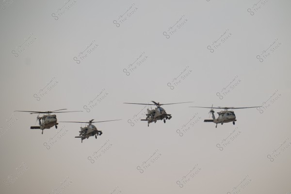 Four helicopters flying in the sky during daytime. The sky appears clear with no clouds. The helicopters are aligned side by side at the same altitude, appearing to be in a flight formation.