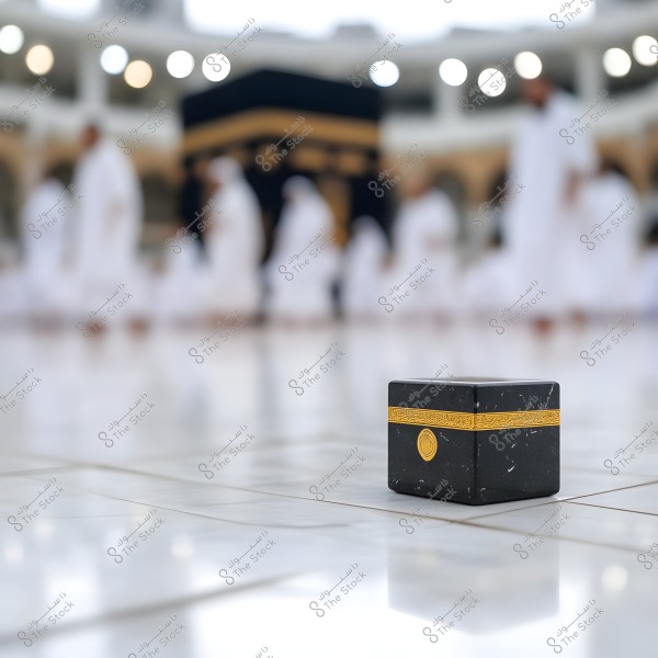 Image of a small Kaaba model placed on a white marble floor. In the background, the Kaaba is blurred, with a group of people wearing white Ihram garments walking around it at the Masjid al-Haram in Mecca.