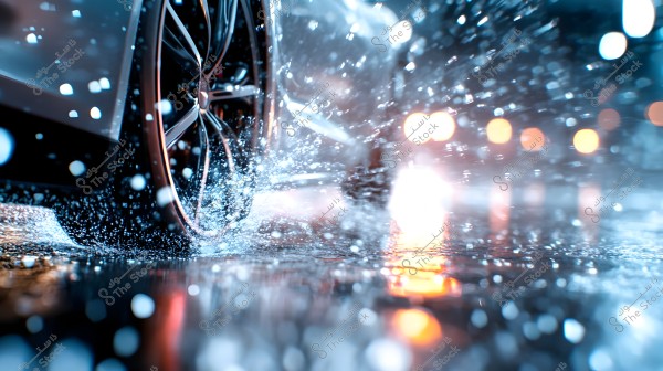 Image of a car tire driving over a wet road, causing water to splash around. The droplets are clearly visible, with backlighting adding a sparkling effect to the scene. The background is blurred with glowing lights, enhancing the sense of speed and motion.