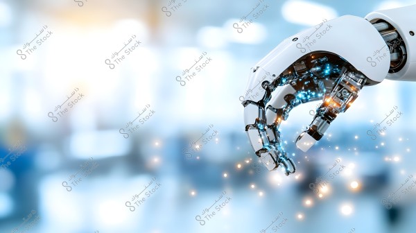 Image of a robotic hand with a modern and flexible design, shown in a gripping pose against a blurred background of blue and white colors. The metallic hand features small blue and orange lights, adding a futuristic and technological feel to the image.