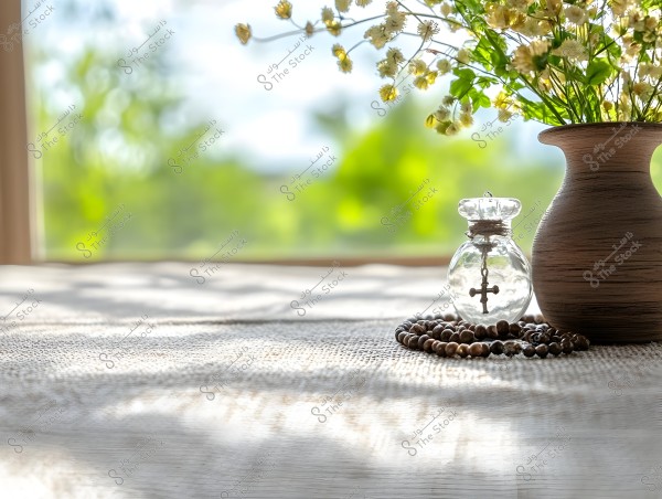 A wooden vase containing small white and yellow flowers, illuminated by natural light. Next to it is a small glass bottle containing a cross, with a wooden rosary chain wrapped around it. The scene is set on a fabric surface with natural light enhancing the space, with a green background from the window.