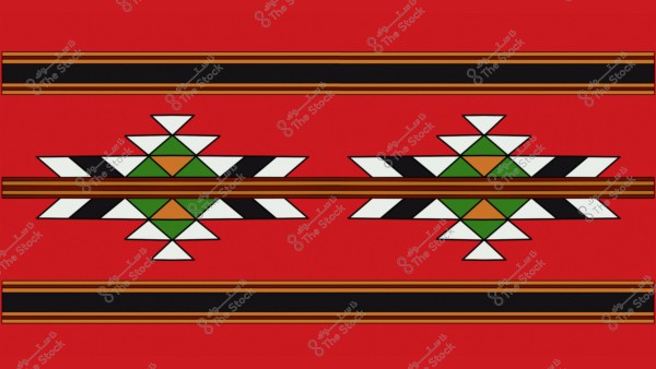 تصميم تقليدي بنمط زخرفي يحتوي على أشكال هندسية بألوان متباينة: الأحمر والخضر والبرتقالي والأبيض والأسود. يحتوي التصميم على خطين أفقيين, كل منهما مزخرف بعناصر مثلثة ومربعة في منتصفه, ممثلة على خلفية حمراء بارزة.