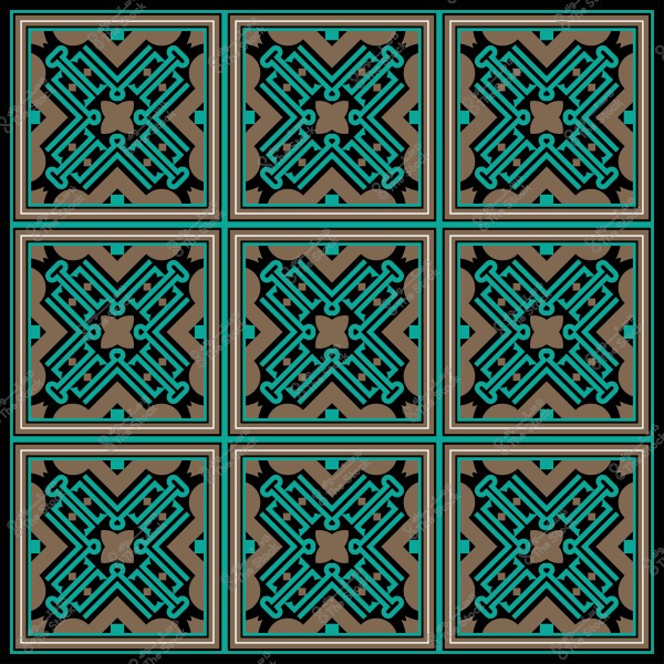 A colorful geometric pattern consisting of nine squares with intricate designs in blue and brown.