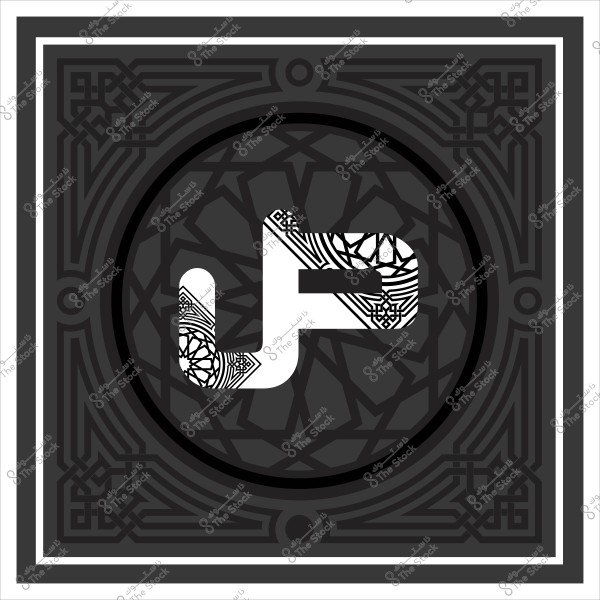 شعار ذو طابع زخرفي يحتوي على حروف "JF" بنمط أبيض بخلفية سوداء مزخرفة بتفاصيل هندسية, محاط بإطار مربع مزخرف بشكل متقن.
  
-