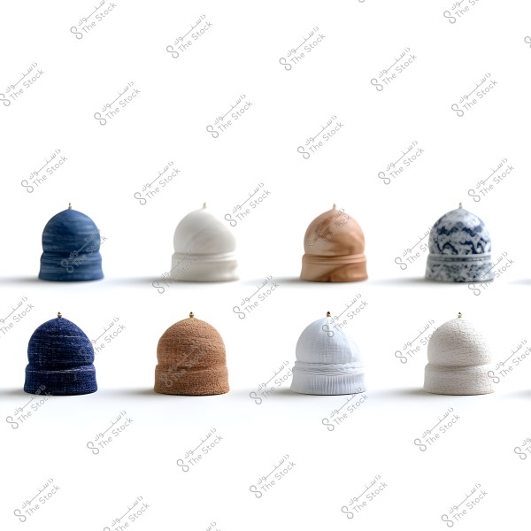 The image depicts nine candle caps arranged in two rows, made of different materials and patterns. The candles come in various colors such as blue, white, and beige, featuring designs like marbled, textured, and other intricate patterns.