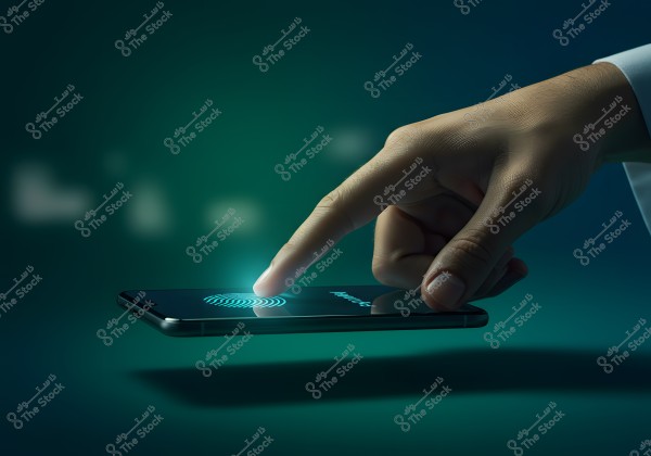 A hand touches a smartphone screen displaying a luminous fingerprint. In the background, there is a dim light on a dark green backdrop, focusing on the fingerprint image and security patterns.