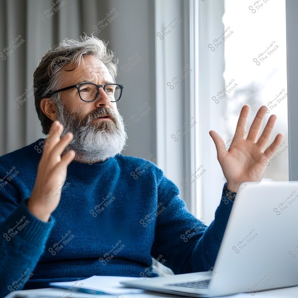 صورة لرجل مسن ذو لحية بيضاء ويرتدي نظارات وقميصًا أزرق يجلس أمام نافذة مضيئة بجانب جهاز كمبيوتر محمول. يبدو كما لو كان يتحدث أو يشرح شيئًا بحماس, حيث يحرك يديه في الهواء.