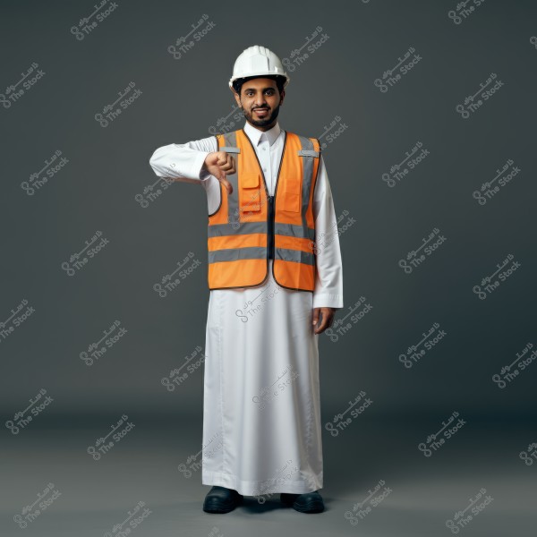 A man wearing a white thobe, a white construction helmet, and an orange safety vest stands against a grey background. The man is making a thumbs-down gesture. The combination of attire suggests a Gulf region origin with modern safety attire.