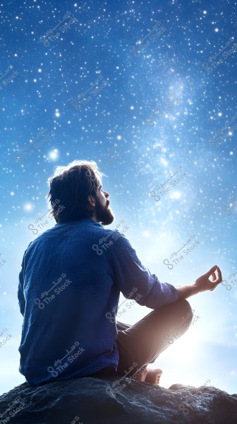 صورة لرجل يجلس في وضع التأمل على صخرة تحت سماء مرصعة بالنجوم. يرتدي قميصًا أزرق وسروالًا داكنًا, ويبدو أنه يتأمل أو يستمتع باللحظة في سلام وهدوء. السماء مليئة بالنجوم اللامعة التي تضيف لمسة ساحرة إلى المشهد الليلي.