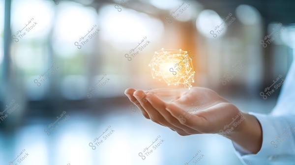 An image of an outstretched, slightly open hand holding a glowing, three-dimensional network-like structure with bright points at its center, symbolizing the concept of technology or innovation. The background is blurred, featuring soft colors with a bright light in the upper part of the image.