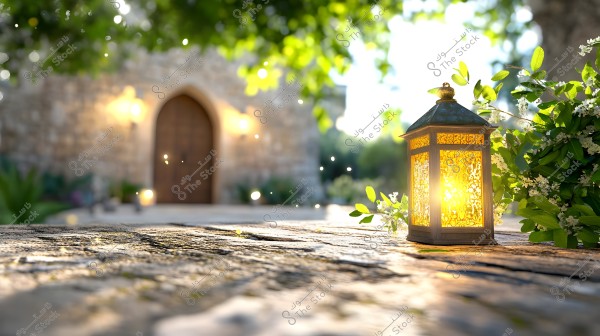 A daytime scene featuring a traditional lantern with intricate designs, glowing on a stone surface. Surrounding it are white flowers and green leaves. In the background, there is a large stone arch with lush trees illuminated by sunlight.
