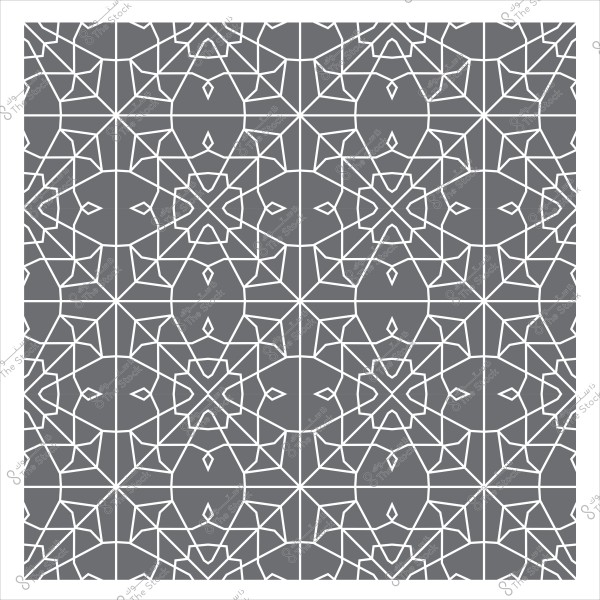 تصميم هندسي إسلامي متماثل يتكون من أشكال هندسية متداخلة بزخارف بيضاء على خلفية رمادية. النمط يتكرر بشكل متناغم ويبرز الأشكال الثمانية والأرباع في التكوين.

-