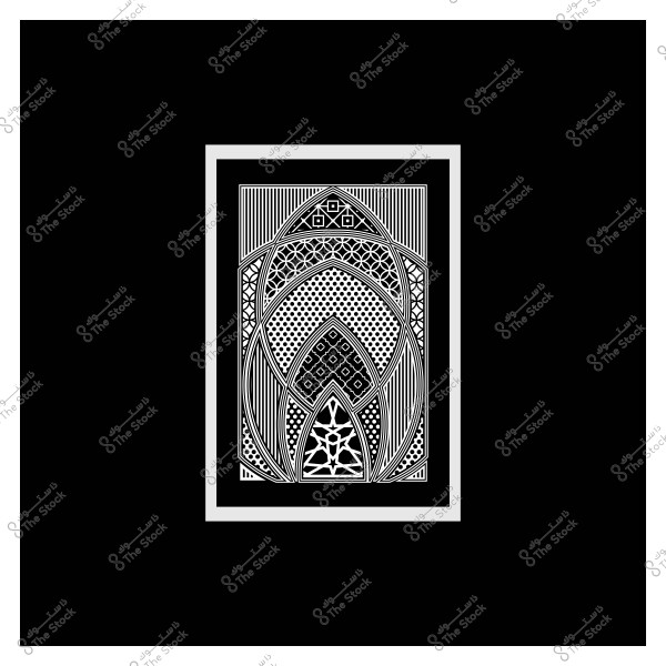 تصميم فني هندسي أبيض وأسود يتضمن أنماطًا متداخلة داخل إطار مستطيل.