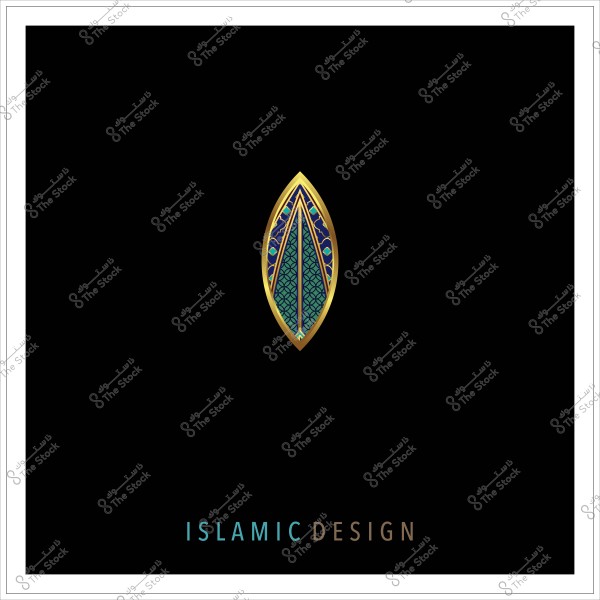Islamic design on a black background featuring an oval decorative pattern in gold and blue at the center.