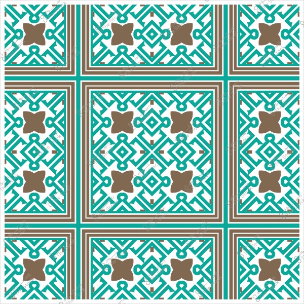 نمط هندسي إسلامي بزخارف متداخلة بألوان البني والأزرق على خلفية بيضاء.