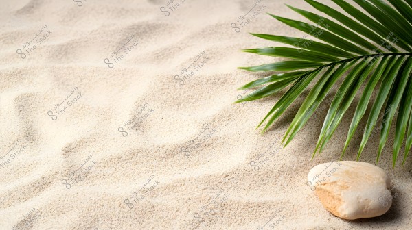 An image showing a section of sandy beach with green palm leaves in the top right corner and a large smooth stone nearby. The sand is fine and naturally rippled.