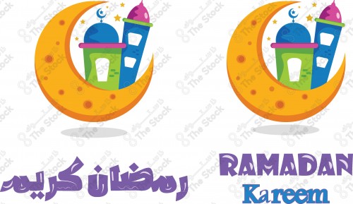 رسم توضيحي هلال رمضان المبارك مع منارة المسجد بشكل احترافي على خلفية بيضاء