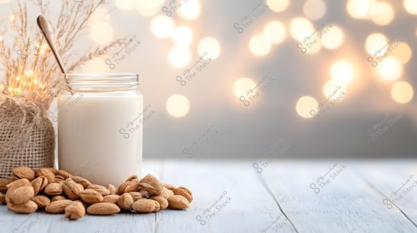 Image of a glass jar filled with almond milk with a spoon, placed on a light wooden table. Surrounding the jar are some unpeeled almonds. The background features a bokeh light effect giving a warm and cozy ambiance to the image.