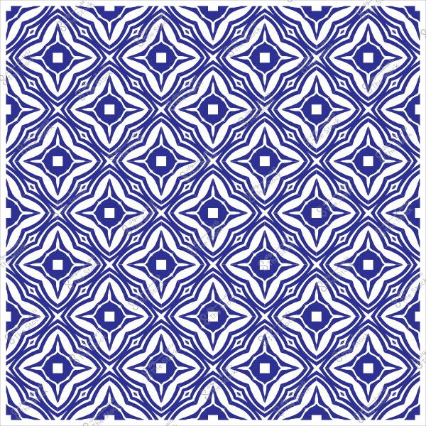 Blue and white geometric decorative pattern featuring stars and squares.