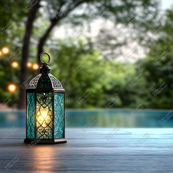 A decorative metal lantern with blue and golden stained glass, illuminated on a wooden outdoor surface. The soft light from the lantern casts warm reflections on the table. In the background, green trees and soft lighting create a calm and relaxing atmosphere.