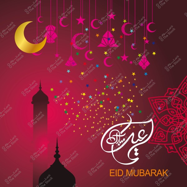 تصميم لتهنئة عيد الفطر مع هلال وزخارف إسلامية وعبارة \"عيد مبارك\".