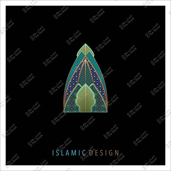 تصميم زخرفي إسلامي بألوان زرقاء وذهبية على خلفية سوداء.
