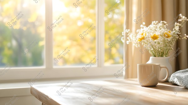 An image of a wooden table with a ceramic mug and a vase filled with white and yellow flowers. In the background, warm sunlight streams through a large window with curtains, creating a serene and cozy atmosphere.