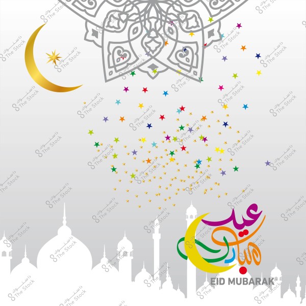 تصميم يعبر عن عيد مبارك, يظهر فيه هلال ذهبي وزخارف معمارية إسلامية ونجوم ملونة, مع كتابة عبارة \"عيد مبارك\" باللغتين العربية والإنجليزية.