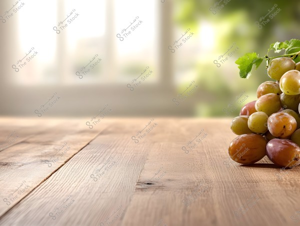A cluster of grapes in varying shades of green and purplish-brown with attached green leaves, placed on a wooden table. The background is out of focus, suggesting a bright window or outdoor view.
