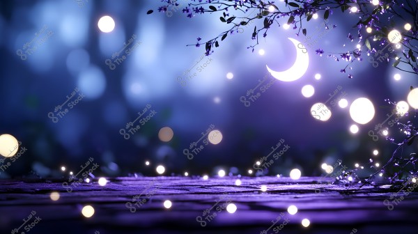 An image depicting a whimsical night scene with a glowing crescent moon among small leaves and flowers. The scene is filled with bright light spots resembling fireflies or sparkling decorations, against a blurred blue and purple background.