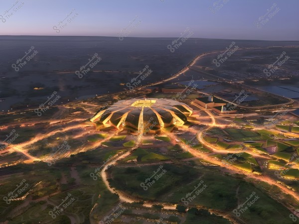 An aerial view showing a large building with a unique design resembling flowers or petals, surrounded by green spaces with nighttime lighting enhancing the scene\'s beauty. A long road extends from the structure towards the horizon where the land meets the sky at dusk. The sky is slightly dark with remnants of daylight on the horizon.