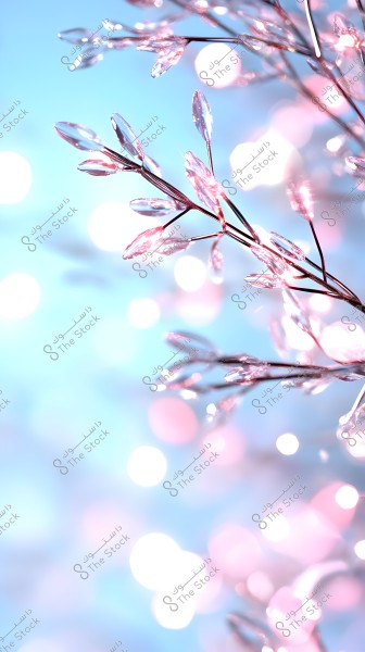 An image of a plant branch with transparent glass-like leaves sparkling in shades of pink and beige against a soft blue background. The light interacts with the leaves to create a shimmering and vibrant effect.