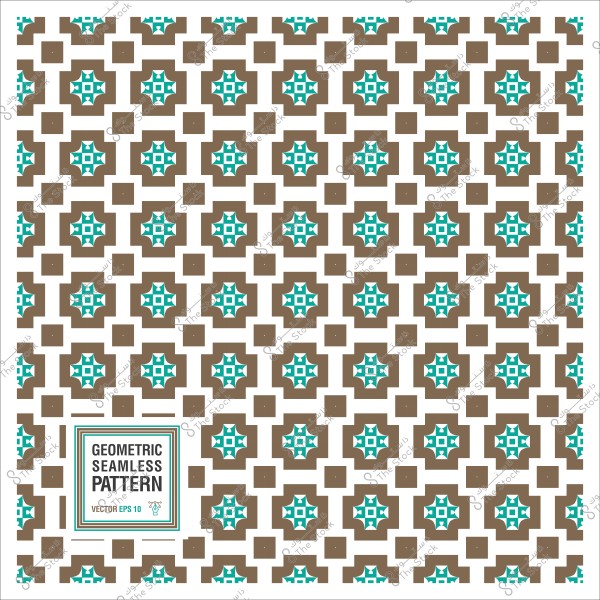Geometric seamless pattern with brown and blue shapes on a white background.