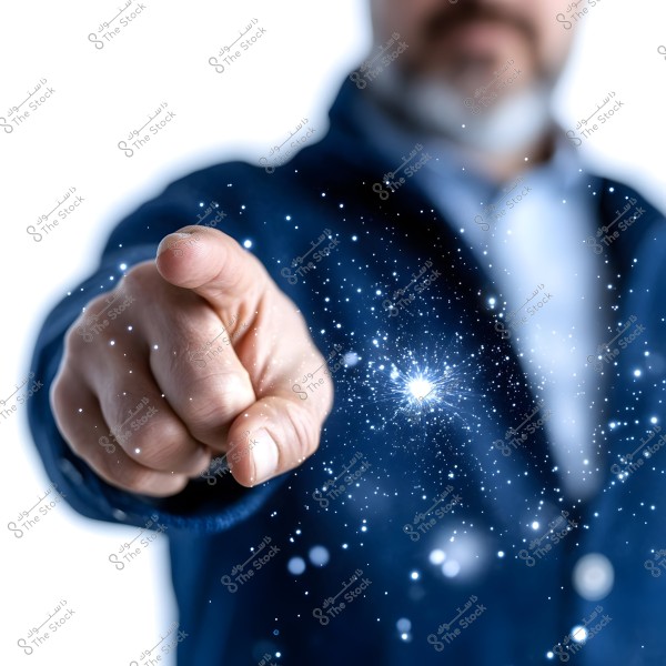 An image of an indistinct person pointing their finger towards the camera, wearing a blue jacket and a light-colored shirt. The picture features visual effects resembling stars or glowing particles surrounding the hand, giving an impression of technology or magic.