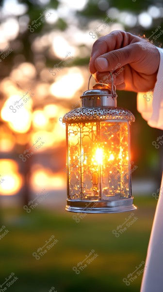 Image showing a person\'s hand wearing a white garment holding a traditional decorative lantern with bright lighting. The background of the image features a sunset with warm orange colors and blurred tree silhouettes.