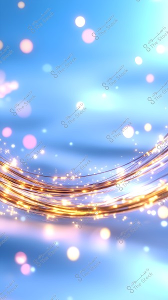 Abstract blue background with bright light effects. Glowing golden lines cross the image with irregularly sparkling light dots, adding to the dynamic and beautiful effect. The background is soft and gradient from light blue to dark blue.