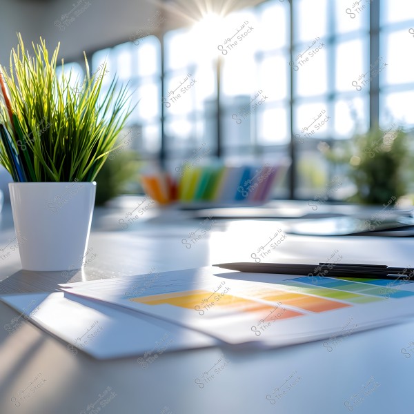 The image shows a sunlit office with a green plant in a white pot on the left, and papers with color samples on the desk next to a pen. In the background, large windows allow bright sunlight to stream in, creating a bright and open atmosphere.