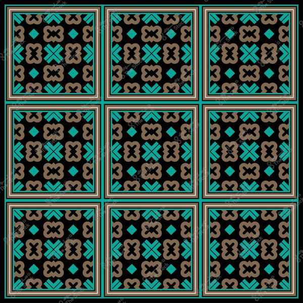 Decorative tile pattern with geometric shapes in teal and brown on a black background.