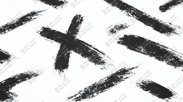 An image showing an abstract design on a white background, featuring irregularly shaped black brushstroke-like marks. These shapes vary in direction and length, with a textured effect giving the image a contemporary artistic look.