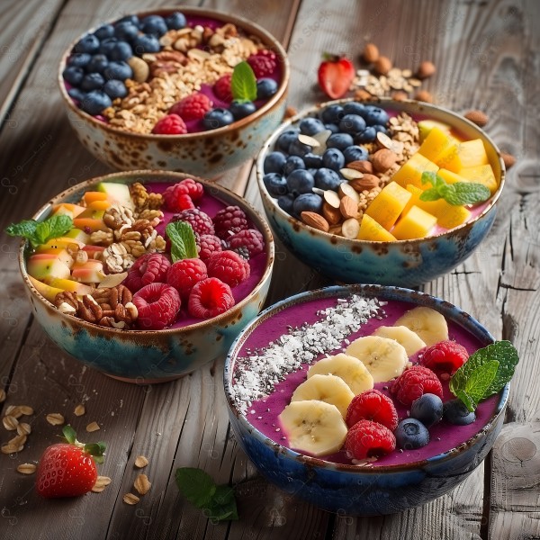 Four smoothie bowls topped with slices of fruits, nuts, and oats, creating a delicious and attractive presentation. This image was generated by artificial intelligence.