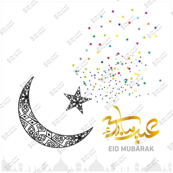صورة تضم هلالًا بزخارف إسلامية ونجمًا, مع عبارة \"عيد مبارك\" بالخط العربي باللون الذهبي, ونجوم متعددة الألوان تتطاير في الخلفية.