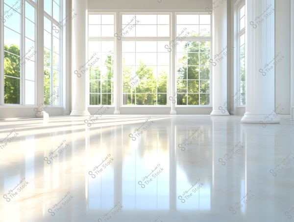 An image of an interior space with large glass windows overlooking lush green scenery. The floor is shiny and reflective, surrounded by large white columns that add a grand feel to the space. Natural light pours in from the big windows, creating a bright and open ambiance.