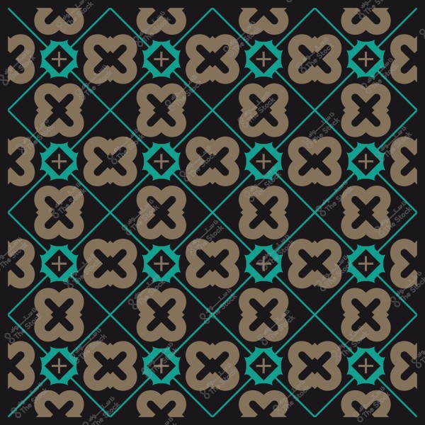 Geometric pattern with repeating brown and teal shapes on a black background.