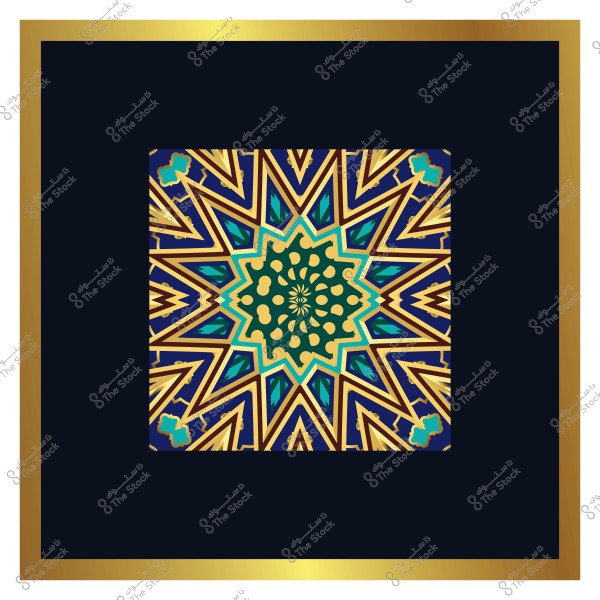 تصميم هندسي إسلامي من الفسيفساء بألوان زرقاء وخضراء وذهبية داخل إطار.