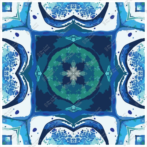 نمط زخرفي متماثل بألوان الأزرق والأخضر والأبيض مع تفاصيل بالأشكال الهندسية والمنحنيات.